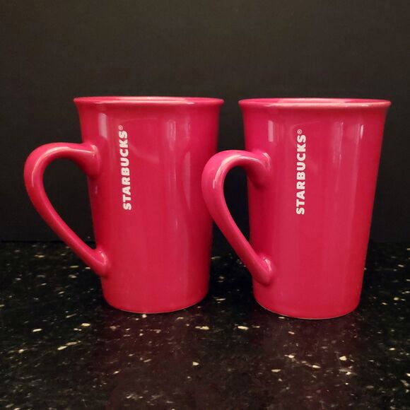STARBUCKS Red Ceramic 11 oz Tall Mugs Christmas Valentines Discontinued Set 2 - Picture 1 of 10